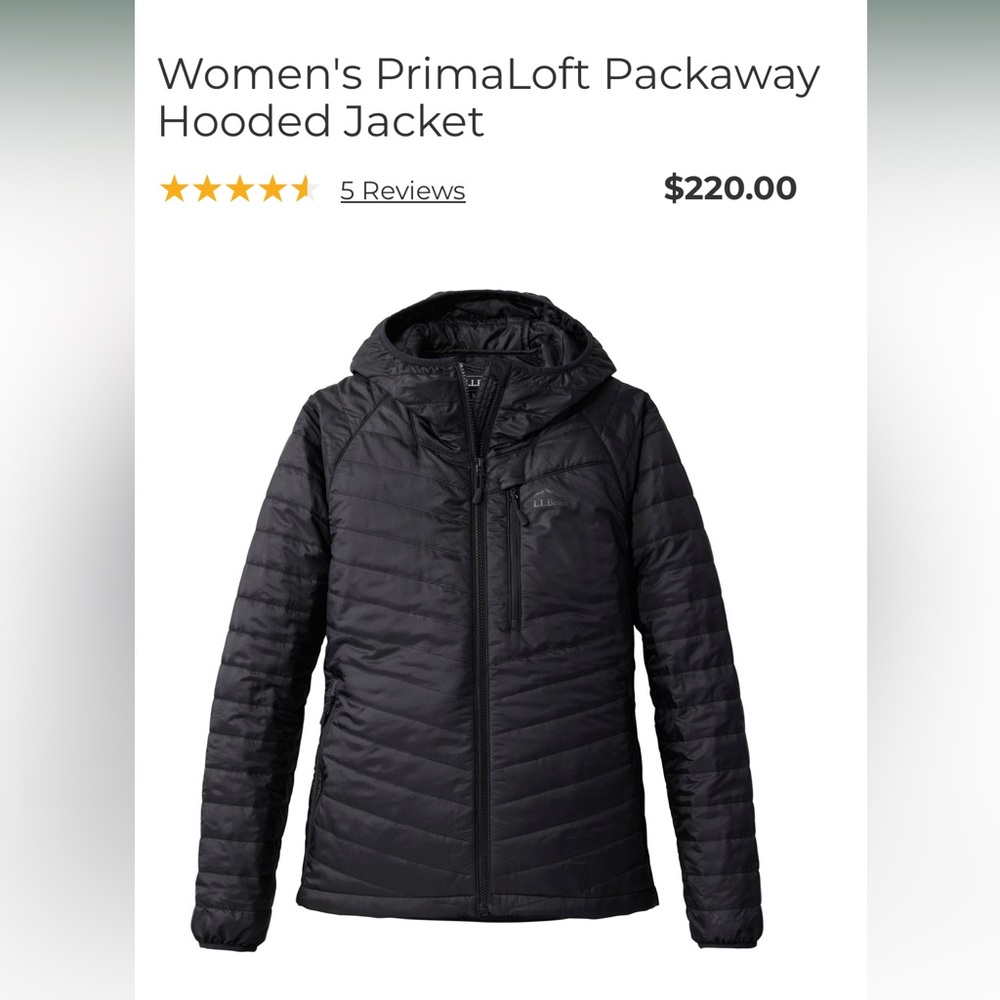 L.L. Bean Black Women's PrimaLoft Packaway Hooded Jacket - Picture 3 of 9